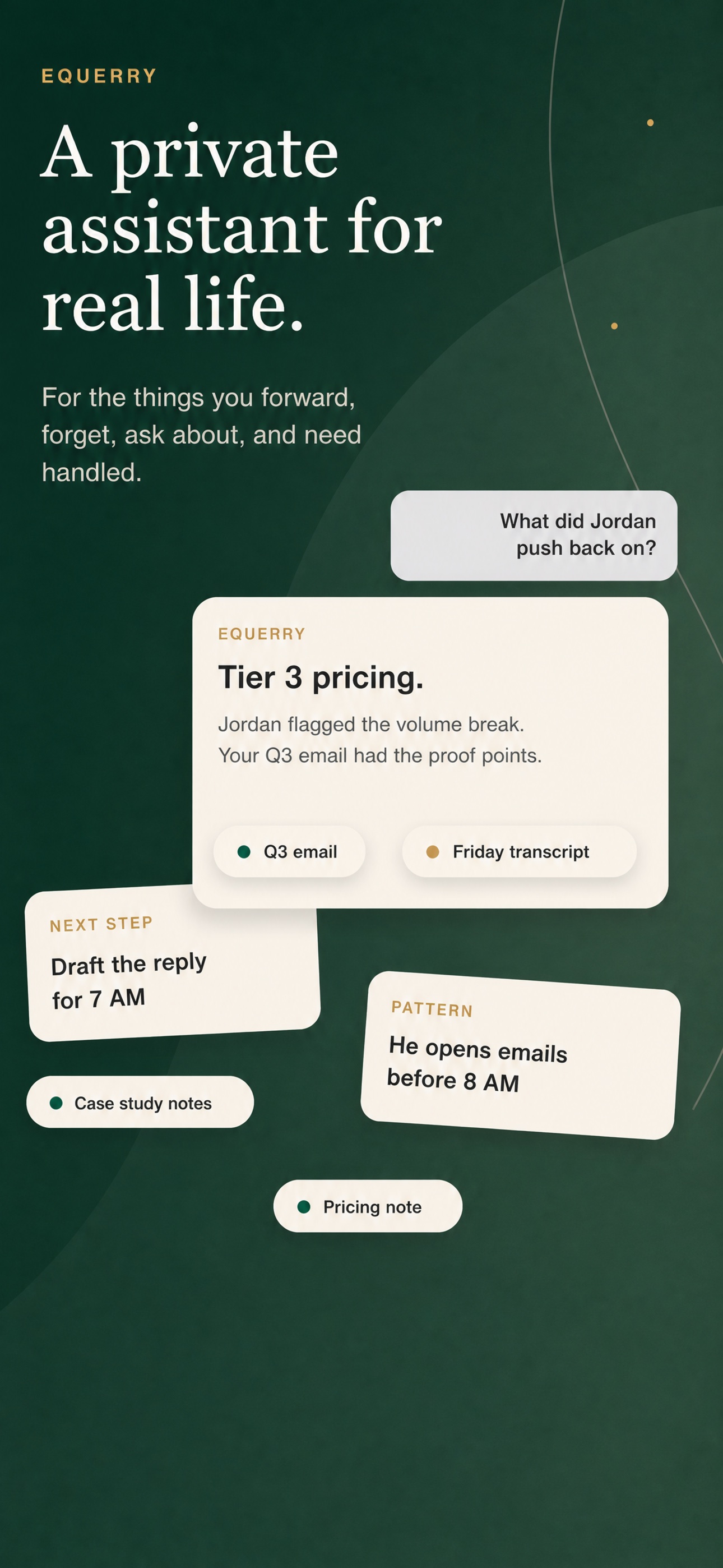 Equerry visual showing source-backed assistant cards for briefings, reminders, and useful next steps